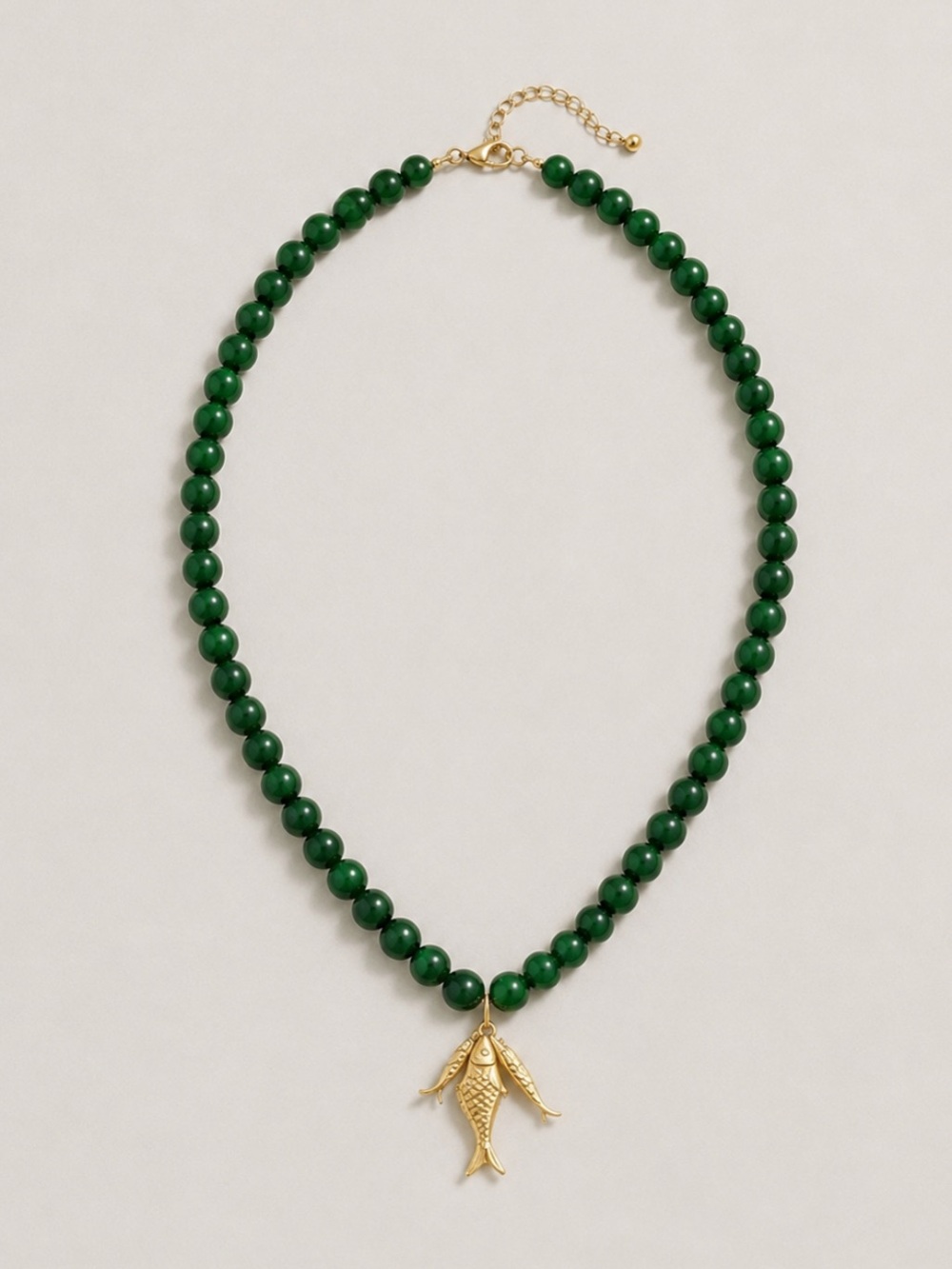 New! 18K Gold Plated Green Beaded Gold Fish Sardine Dopamine Necklace NWOT 5035